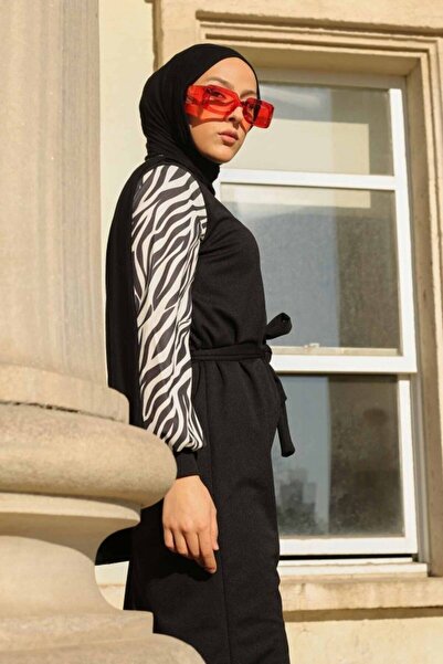 DHDmoda Siyah Kolları Zebra Desen Elbise