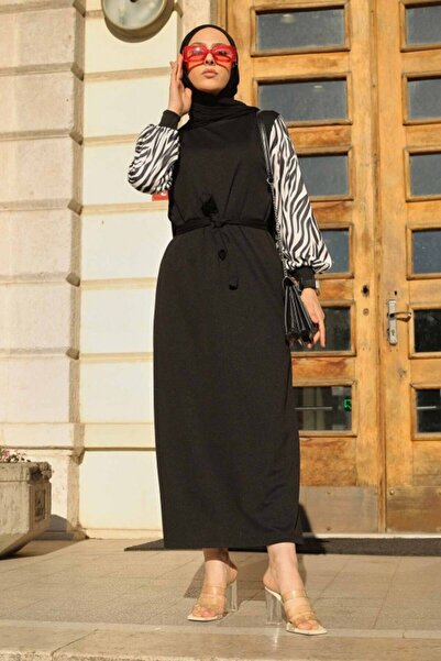 DHDmoda Siyah Kolları Zebra Desen Elbise