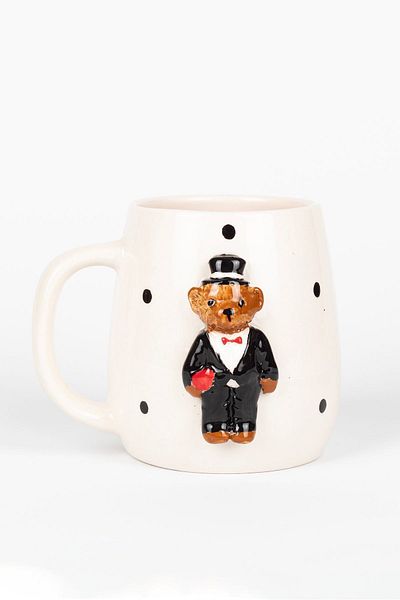 Loomart Mr. & Mrs. Teddy 3D Emboss - طقم كوب وكوب مصنوع يدويًا من السيراميك