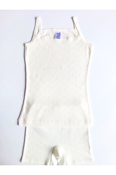 ÇebiKids Girl's 100% Cotton Ecru Retro Rope Strap Undershirt-Leg Panties Set