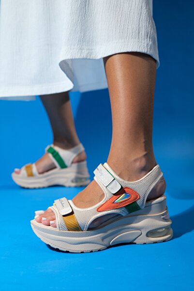 LuviShoes CAROLINE Beige - Orange Banded Thick Sole Women's Sports Sandals