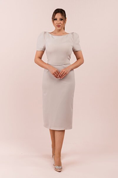 Sesto Senso Stone Colored Shiny Edge Short Dress - Sleeve Detail (ss-23365)