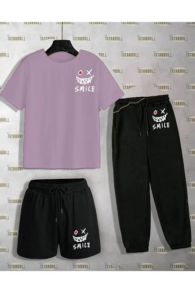 aynewmoda Smile Printed T-shirt and Shorts Tracksuit Set