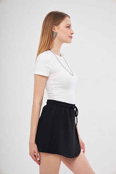 THIFF GYMWEAR Siyah Modal Karışımlı Çift Görünümlü Şort Etek – Beli Lastikli ve Bağcıklı, Örme Kadın Şort