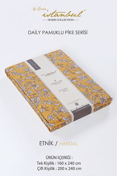İyi Geceler İstanbul Ethnic Mustard Single Printed 100% Cotton Pique - 160x240