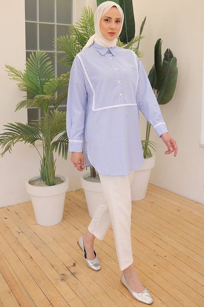 benguen Model 2101 - Cămașă casual cu dungi albastre și dantelă