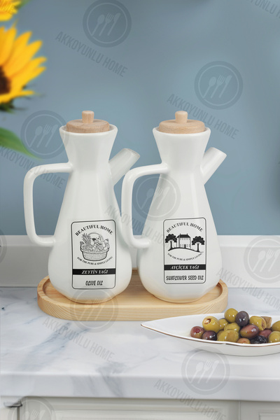 Akkoyunlu home 2 Adet Standlı Bambu Kapaklı Seramik Yağlık & Z.yağlık Yağdanl...