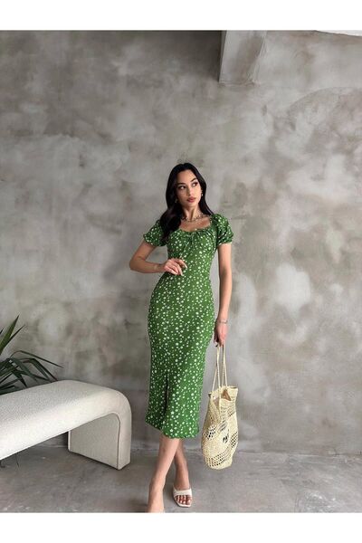 S&A Collectionn Rochie florală cu fantă pentru femei, cu guler Madonna, până la genunchi