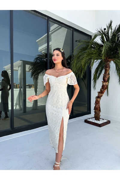ESRAHELVACI Guipure Cream Dress - Slit Detail