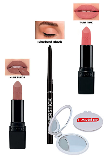 AVON Nude Suede Mat Ruj + Siyah Göz Kalemi + Pure Pink Mat Ruj + Lovider Cep ...