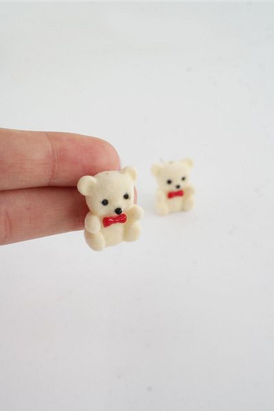 By Zeyna Aksesuar Teddy Bear Figure Earrings White