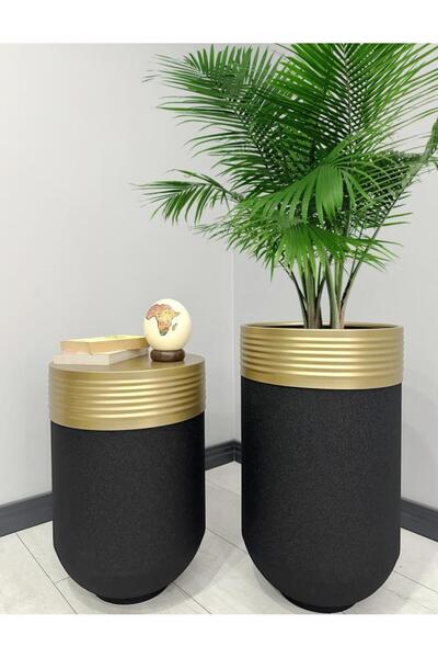 evdeniste ELEGANT Dekoratif Eskitme Darbuka Siyah Saksı 70cm + Sehpa 60cm İki...