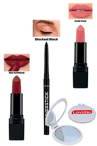 AVON Red Supreme Mat Ruj + Siyah Göz Kalemi + Pure Pink Mat Ruj + Lovider Cep...