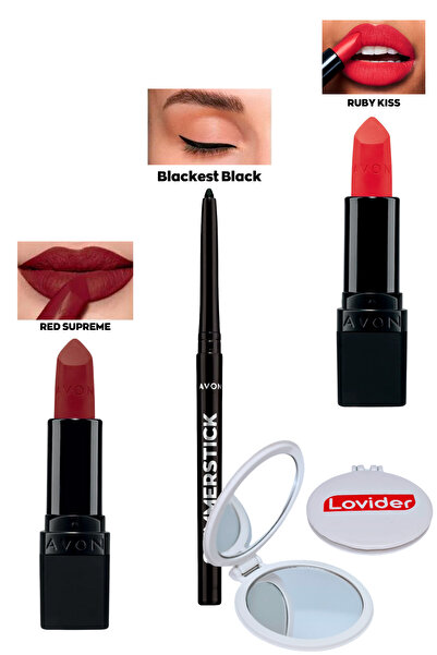 AVON Red Supreme Mat Ruj + Siyah Göz Kalemi + Ruby Kiss Mat Ruj + Lovider Cep...