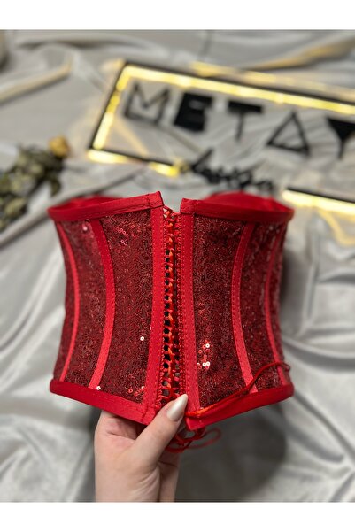 Metay Design Kırmızı Pullu Payetli Korse Büstiyer