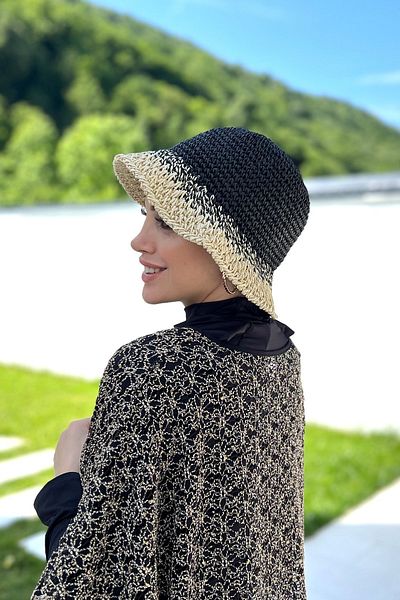 Remsa Mayo Straw Hat - Hand Knitted, Black Beige, RŞ-102
