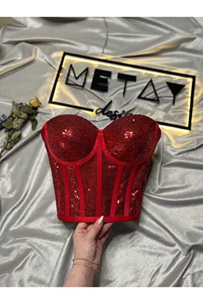 Metay Design Kırmızı Pullu Payetli Korse Büstiyer