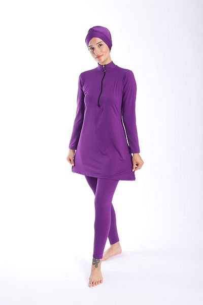 My-o Long Sleeve Zippered Women's Hijab Swimsuit - Solid Color 38-52