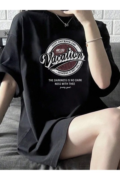 over head oh Crna Oversize kroj T-shirt - Ženska No 09 Odmor Štampano