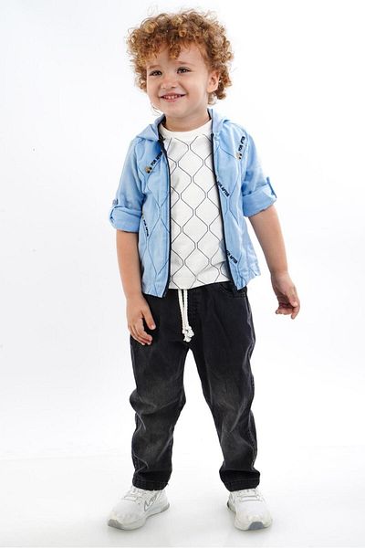 falcomini 2/3/4/5 ani Pantaloni din denim Cămașă cu glugă Tricou cu mânecă lungă Set 3 piese pentru băiat