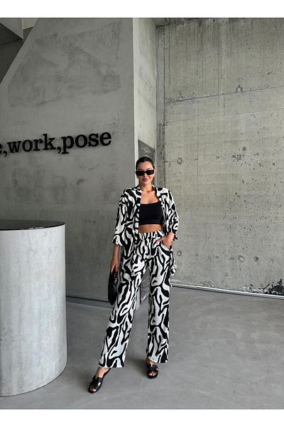 MODERNİZE Set de pantaloni lungi cu umăr dezactivat ZEBRA alb-negru pentru femei