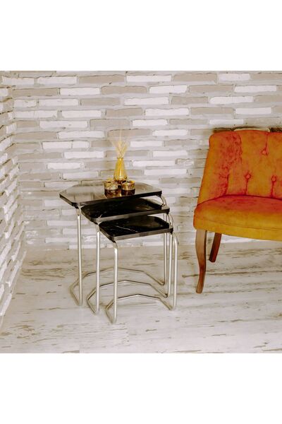 Lion Pentagon 3 Lü Zigon Sehpa, Metal Zigon Sehpa Takımı, Gümüş Siyah Mermer