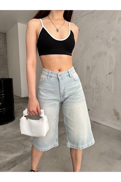 BİKELİFE High Waist Baggy Bermuda Denim Damen Shorts - Unterhalb des Knies