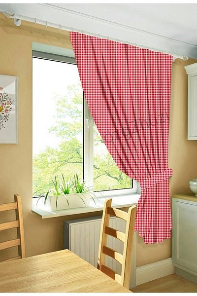 perlina home Plaid Red Rustic Single Wing Plain Planted Background Curtain (Width X Length)