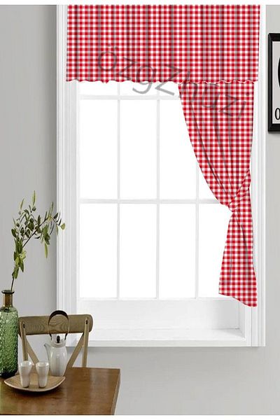 perlina home Single Background Curtain Plaid Pattern Red 200 Cm Short Kitchen Curtain (EN X BOY)