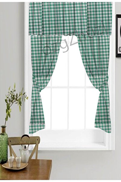 perlina home Mutfak Şıklığı Ekose Desen Farbela+2 Kanat Fon Perde Yeşil(en X ...
