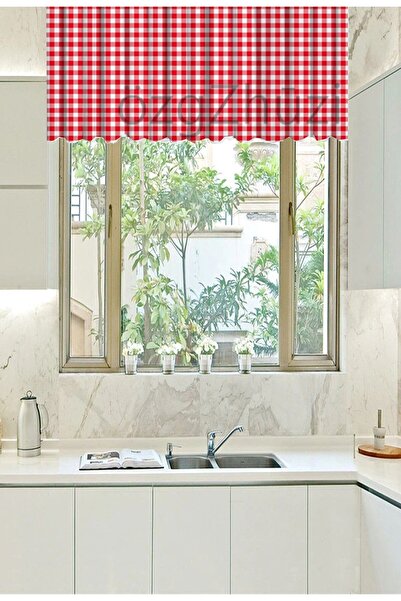 perlina home Ekose Desen Kırmızı Kısa Mutfak Perdesi