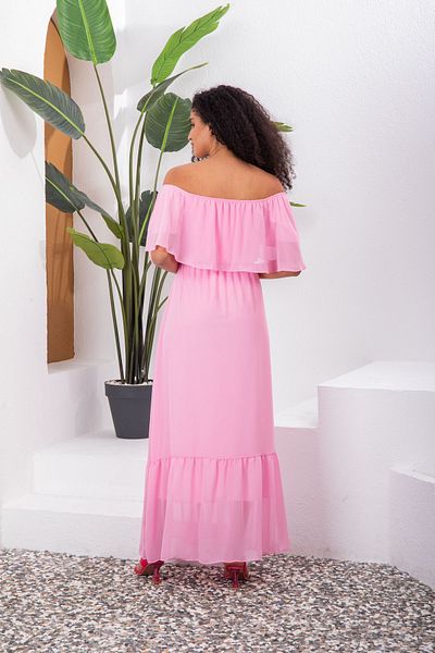 Azra Style Φόρεμα Carmen Collar Pink Skirt με βολάν μακρύ σιφόν