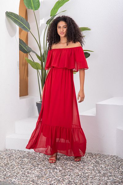 Azra Style Guler Carmen Fustă Rosie Volane Rochie lungă Sifon