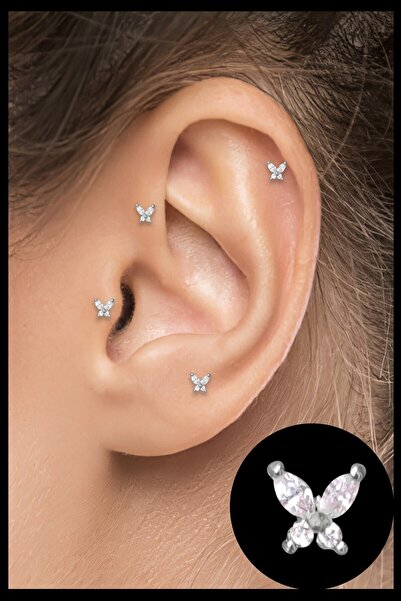 Salyangoz Company Cerrahi Çelik Kıkırdak Helix Tragus Piercing Gümüş Renk Mini Boy Kelebek Figür (1 Adet) Klbgu01