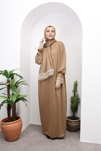 ALLURİNG THE BETTER ONE Kendinden Başörtülü Dantelli Kadın Namaz Elbisesi