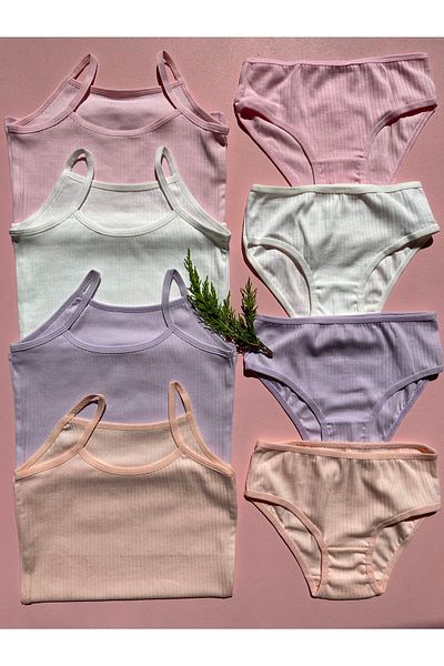 LEYNA BUTİK Girl's Corded Cotton Tank Top and Panty Set - 4 Pieces, Rope Strap
