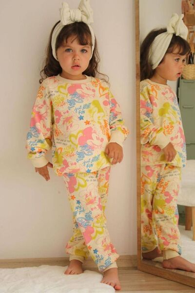 Mevsim Butik طقم سويت شيرت ملون بنمط ميكي للعطلات للفتيات