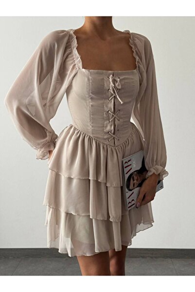 Sevenday Şifon Kuşgözü Bağcık Detaylı Mini Elbise