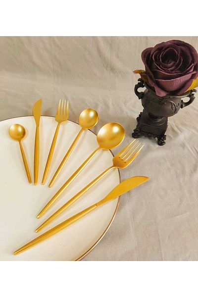 BRONDOFF Ikon 24 Carat Matte Gold Plated 84 Piece Fork Spoon Set