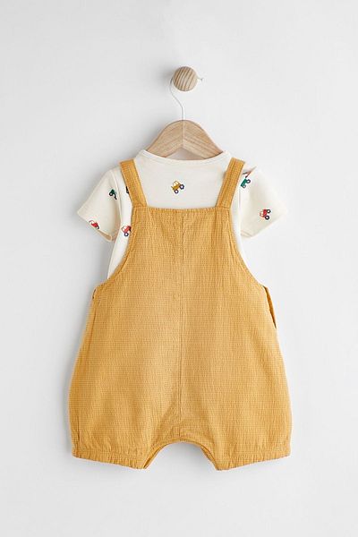 Next Baby 100% Cotton Yellow Tractor Patterned Salopet Bodysuit Set