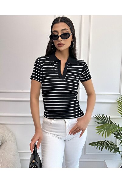 Chicup طوق بولو أبيض وأسود - بلوزة نسائية محبوكة مضلعة