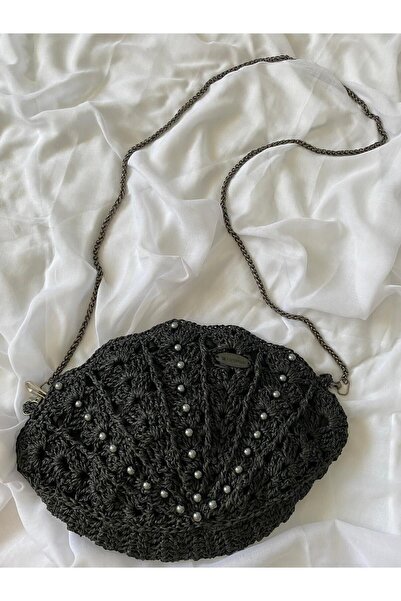 ESSLERA Чорна плетена сумка - з деталями у вигляді устриці, ланцюжковим ременем, плетеним паперовим шнурком (ручної роботи)