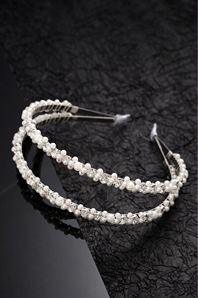 modernist Çift Sıralı Gümüş İnci ve Zirkon Detay Özel Gün Gelin Tacı