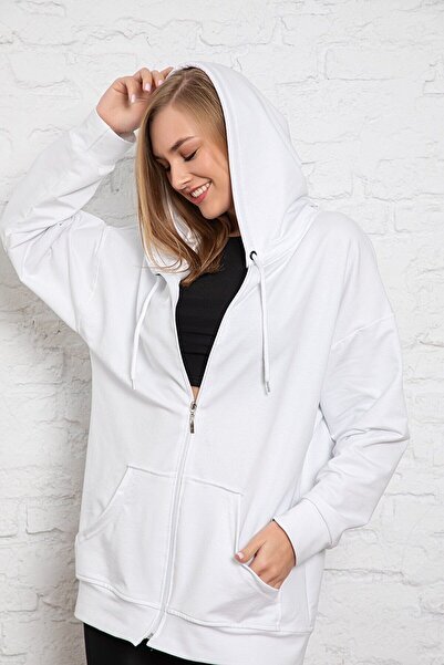 MyBen Φούτερ με λευκή κουκούλα Oversize/Wide Fit με φερμουάρ με κουκούλα χοντρό φλις εσωτερικά φούτερ K-501