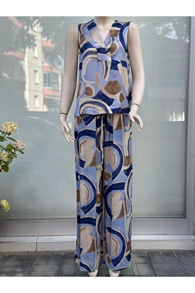 AYHAN V-Neck Linen Blouse and Trousers Set