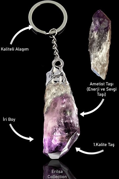 Tesbih Atölyesi Certified Raw Unprocessed Keychain with Amethyst Stone - Silver Alloy