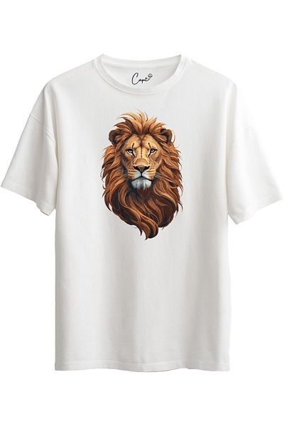 Çapıt Tricou oversize alb cu mânecă scurtă, 100% bumbac, imprimat cu leu