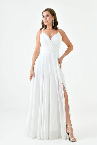 WOMAN VISION Rochie maxi albă - șifon căptușit, bretele subțiri și fante 1524