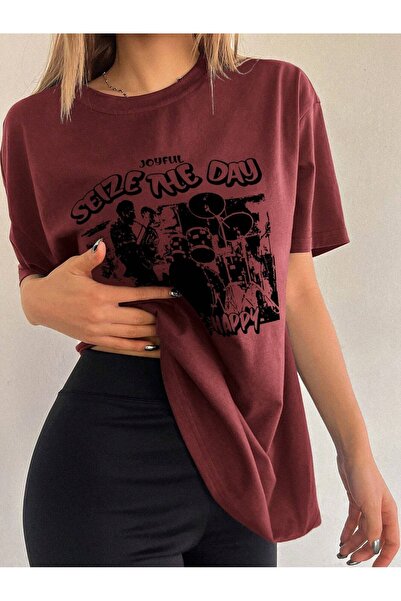 over head oh Tricou oversize pentru damă, roșu Claret, cu imprimeu „Seize The...