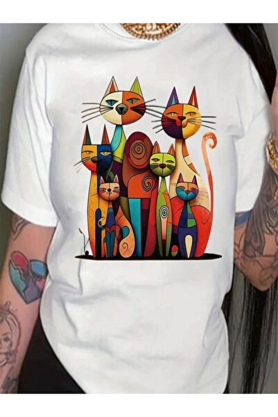 CLASSY.MODA تي شيرت أبيض كبير الحجم مطبوع - رقبة دائرية، كم قصير